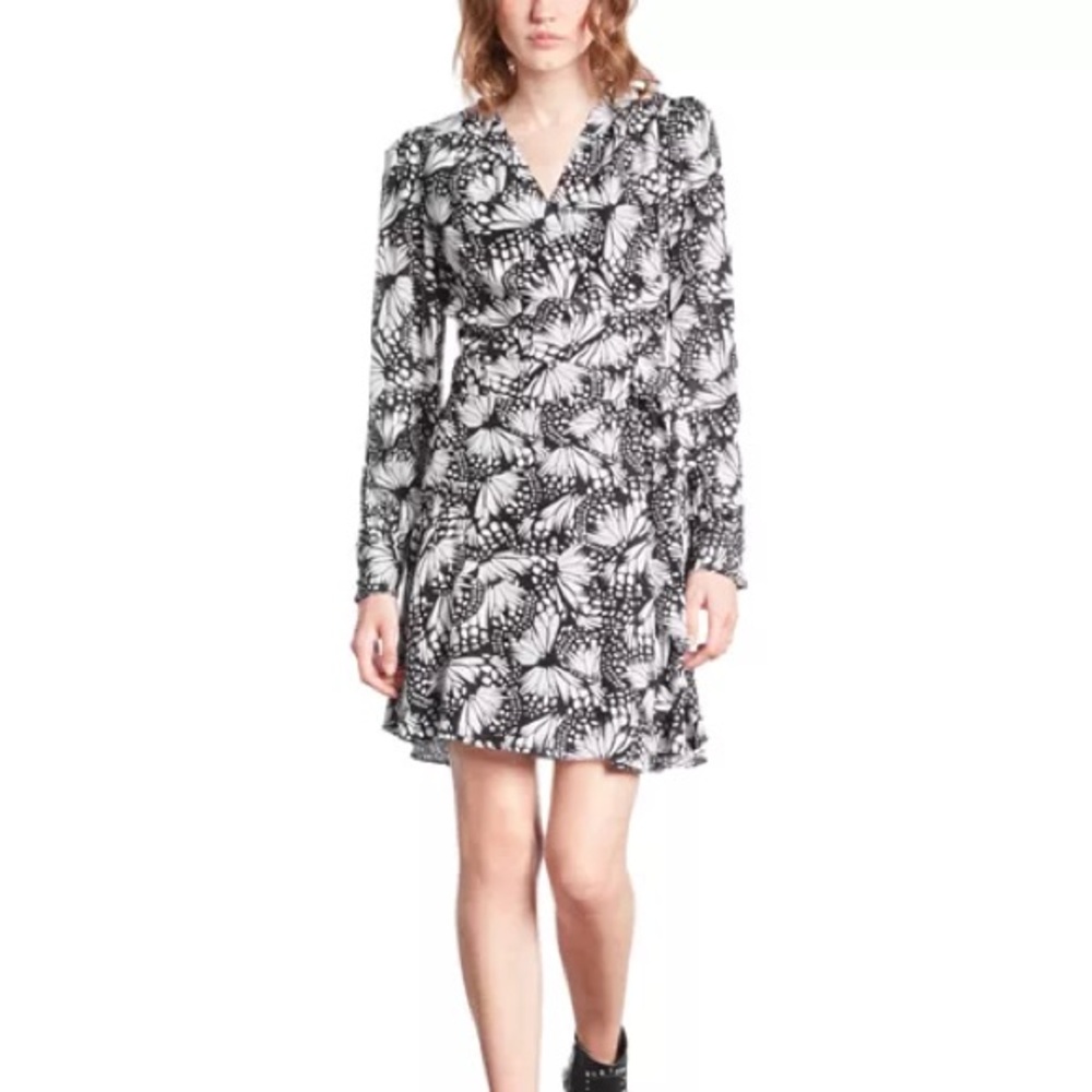 The Kooples Messy Butterfly Black and White Wrap Dress